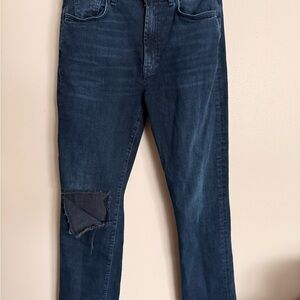 7 For All Mankind Blue Skinny Jeans with Distressed Knee